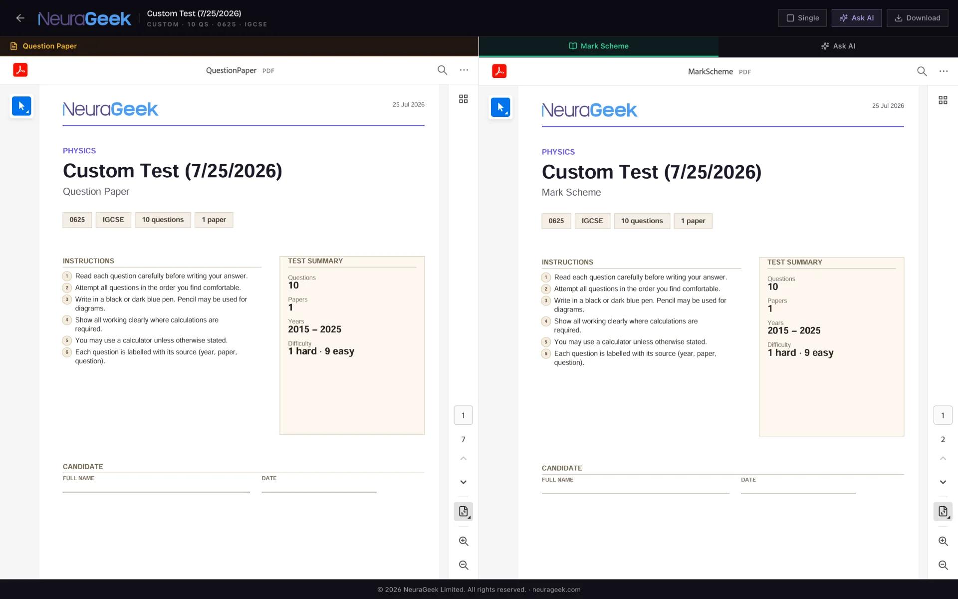 A custom NeuraGeek test with question paper and answer guidance side by side