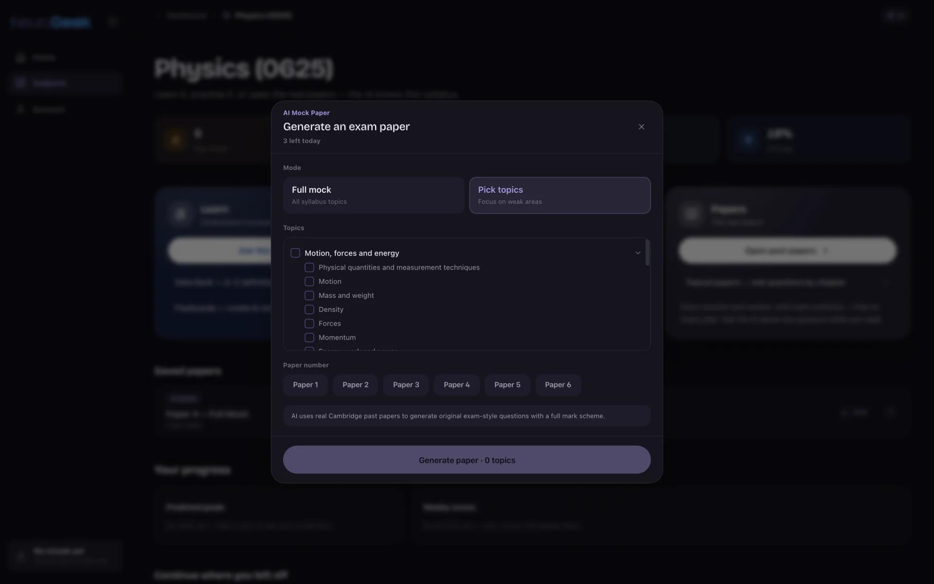 NeuraGeek mock paper generator with selected syllabus topics