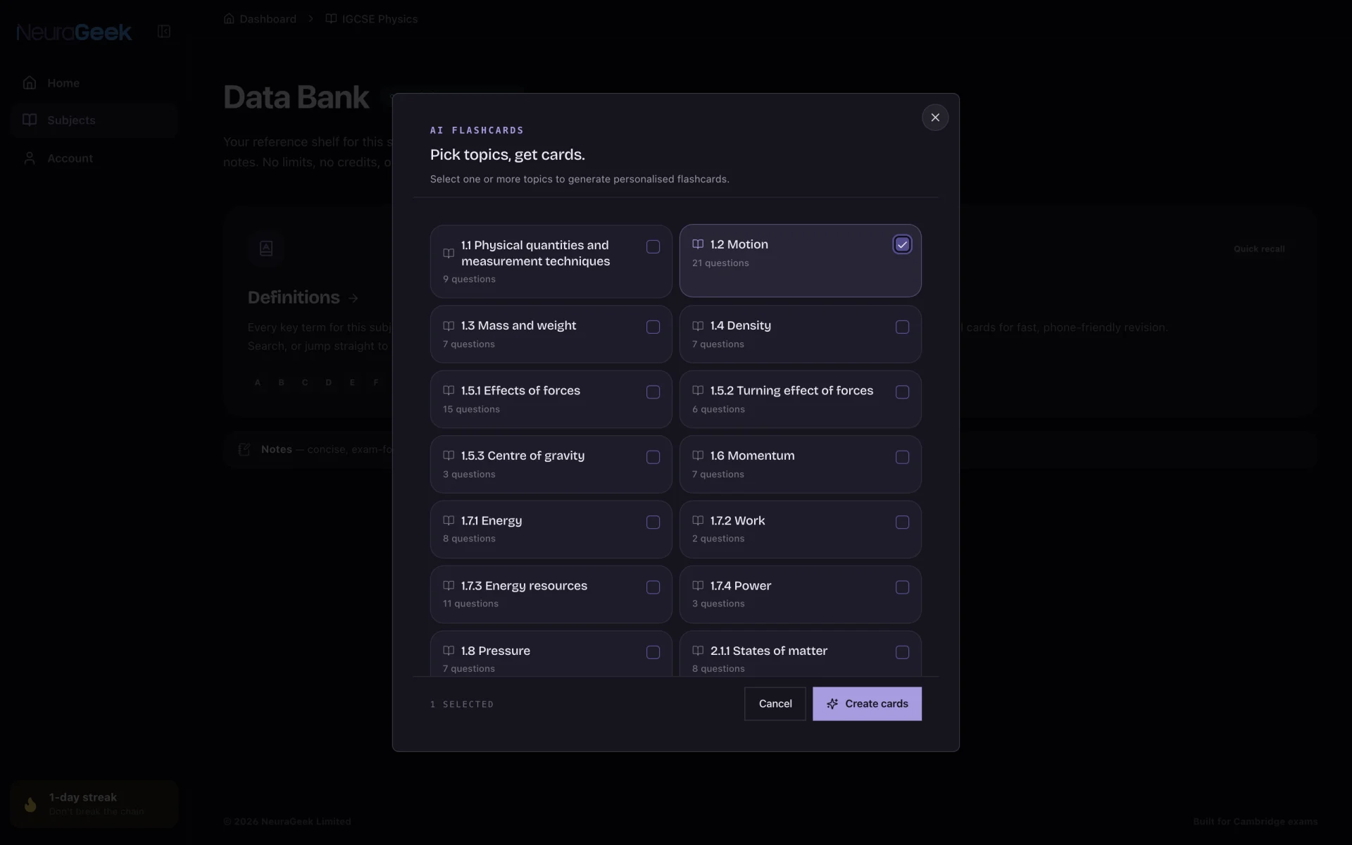 AI Flashcards: Pick a topic and the deck builds from the mark schemes