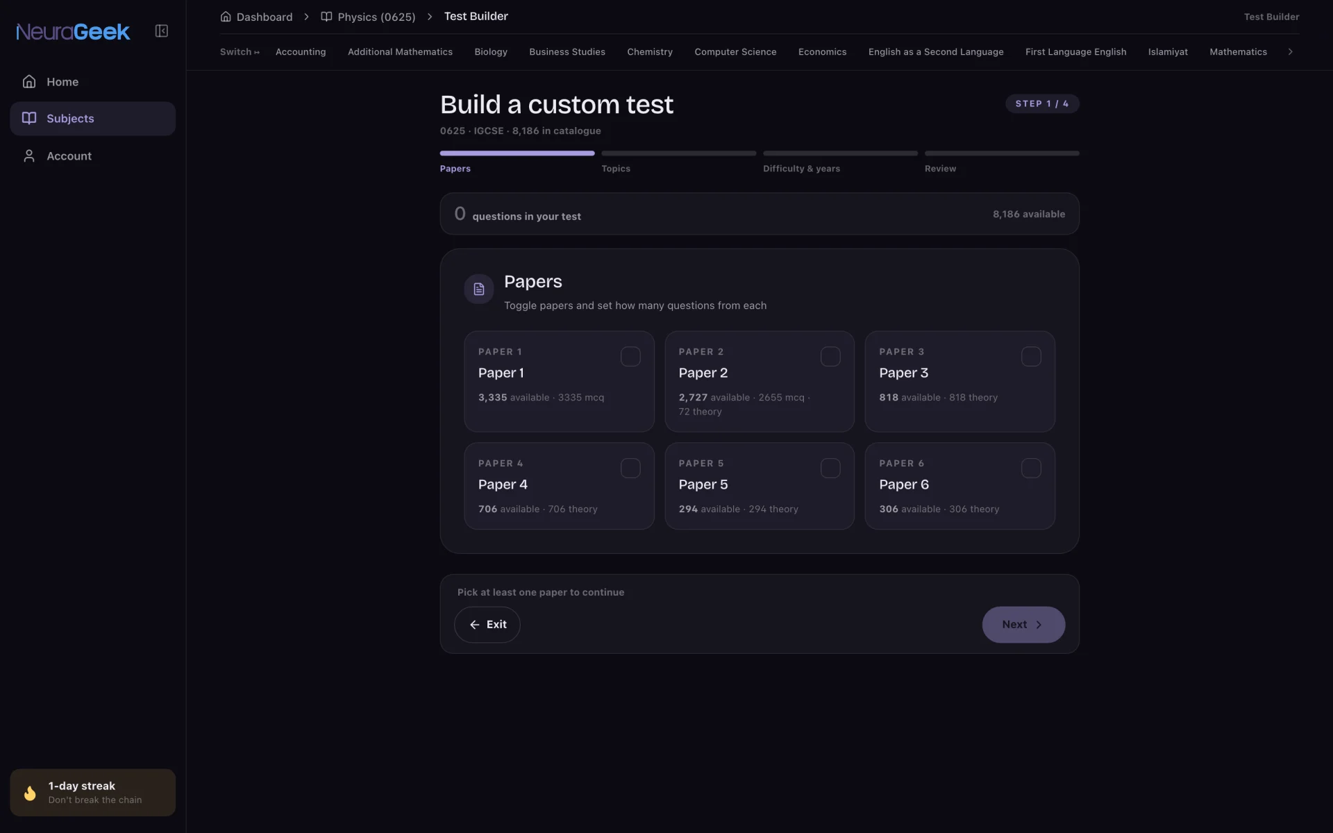 Test Builder: Start from real papers, with live question counts